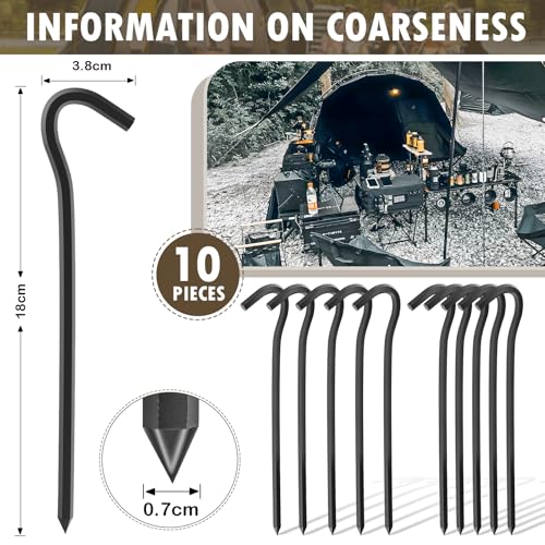 10Pcs Metal Tent Pegs with Hooks. 7 inches Durable Garden Stake Ground Anchors Awning Metal Hooks. Heavy Duty, Waterproof & rustproof, Ideal for Camping, Yard Decor, Picnic & tarp(Black) - color: Blcak-10pcs
