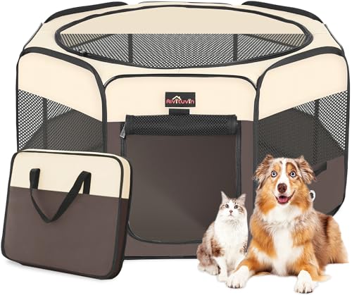 Aivituvin Dog Playpen, Foldable Pet Play Pens with Carrying Bag for Cat, Puppies, Rabbits, Portable Dog Tent Crates Cage for Travel Camping Indoor Outdoor, Removable Shade Cover, Brown L - color: BROWN, size: L