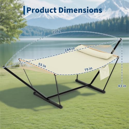 Double Hammock with Stand - Heavy Duty Portable 2 Person Design with Adjustable Steel Stand, Max 450LBS, Ideal for Outdoor Patio, Garden, Beach & Backyard - color: L-beige
