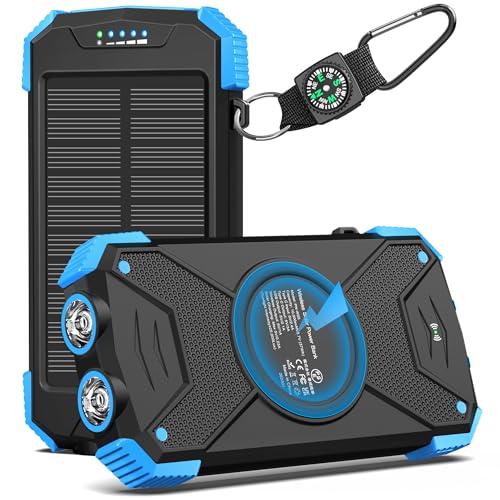 BLAVOR Solar Power Bank 10,000mAh, Portable Wireless Charger, 20W Fast Charging External Battery Pack with USB C for Cell Phones, Solar Panel Charging with Dual Flashlight for Camping - color: Blue