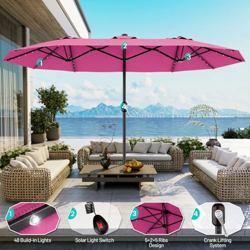 AreShark 13 FT Patio Umbrella with Solar Lights, Double-Sided Outdoor Table Umbrellas with Crank, Large Rectangular Market Umbrella for Porch, Lawn, Pool, Backyard, Rose Pink - color: Rose Pink, size: 6.5x13 Ft