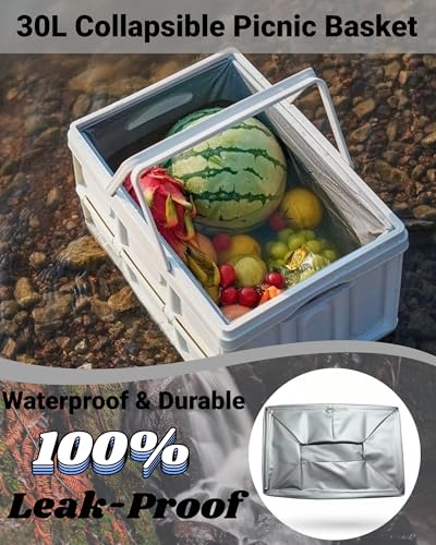 30L Collapsible Picnic Basket Foldable Folding Camping Box with Lid and Handle Collapsible Storage Bin with Waterproof Fabric Plastic Waterproof Storage Basket for Camping Picnic Home Outdoor, White