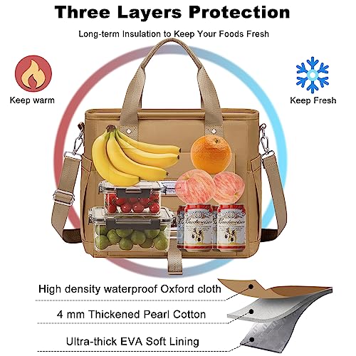 Weitars Insulated Lunch Bag for Men Women,Leak Proof Lunch Box for Work,Extra Large Lunch Tote Bag With Removable Shoulder Strap with Side Pockets,Reusable Lunch Bag For Picnic Hiking (Kakhi) - color: Kakhi