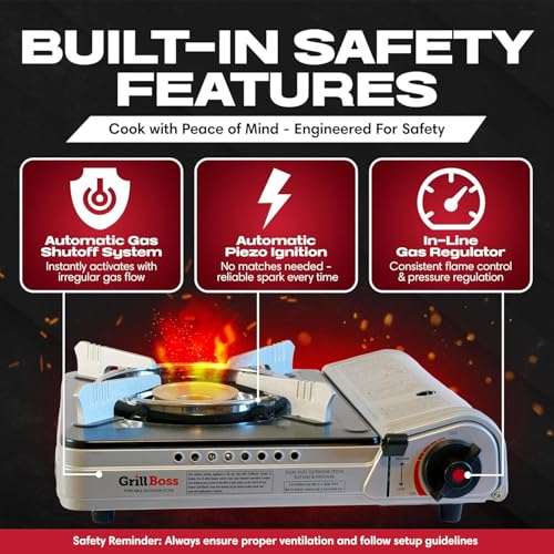 Grill Boss Dual Fuel Camp Stove - 12,000 BTU Butane & Propane Portable Stoves for Camping, Emergencies, BBQ, Hiking & Backpacking - Double Wind Guard, Instant Piezo Ignition System - 90057 - style: Stove2025