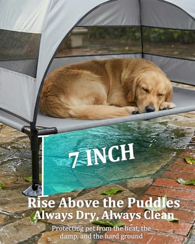Elevated Dog Bed with Canopy - 3-Sided UV Protection Pet Tent with Wider Shade, Raised Cooling Outdoor Dog Cot with Breathable Mesh for Medium Large Dogs, Portable Pet Bed for Camping, Patio (Grey, L) - color: Grey, size: Large