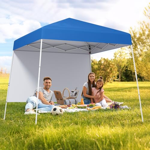 Tangkula 10x10 FT Pop Up Canopy with Sidewall, UPF 50+ Easy Setup Outdoor Tent with Backpack, 4 Stakes, Portable Heavy-Duty Canopy Tent for Party Events Camping Picnic, 10x10 Base, 8x8 Top - color: Blue, size: 10x10 Ft