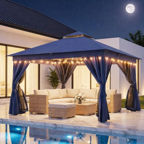 LAUSAINT HOME 12'x12' Outdoor Patio Gazebo with 100FT String Lights, Heavy Duty Party Tent & Shelter with Double Roofs, Mosquito Nettings and Privacy Screens for Backyard, Garden, Deck (Navy Blue) - color: Navy Blue, size: 12'x12' with lights