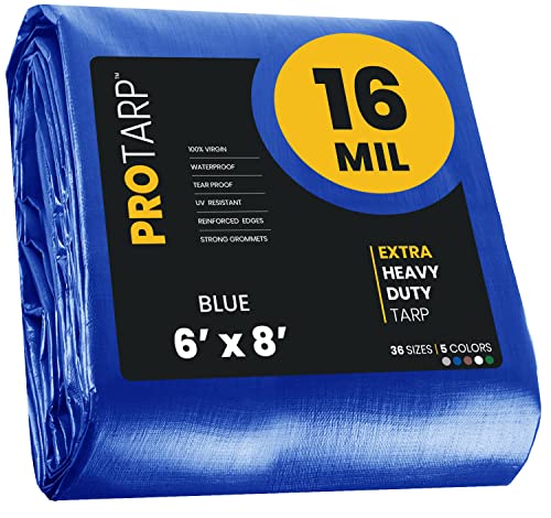 Extra Heavy Duty 16 Mil Tarp Cover, Waterproof, UV Resistant, Rip and Tear Proof, Poly Tarpaulin with Reinforced Edges for Roof, Camping, Patio, Pool, Boat. (Blue 6′ X 8′) - color: Blue-16 Mil, size: 6′ X 8′
