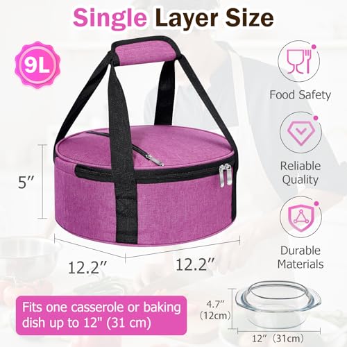 Round Insulated Casserole Carrier – 12" Portable Pie Carrier Bag for Hot or Cold Food, Leakproof Thermal Lunch Tote with Handle for Parties Picnic & Travel - Rose Red - color: Pink, size: Single