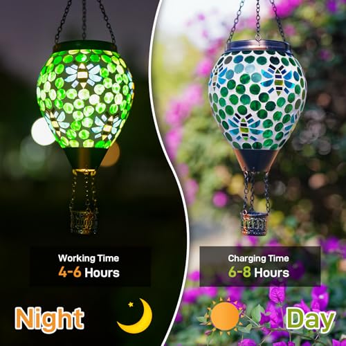 Bee Solar Hot Air Balloon Lantern Outdoor Waterproof, Green Mosaic Glass Hanging Solar Lantern Lights, Outdoor Hanging Lights for Patio Yard Garden Gift for Mom Grandma Women - color: A_Green Bees