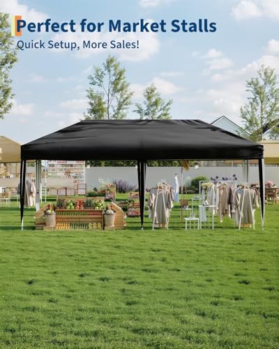 10X20 Pop Up Canopy Tent with 6 Sidewalls – Heavy Duty Commercial Instant Shelter, One-Person Quick Setup Outdoor Party Tent, Water-Resistant & Portable, Black - color: Black
