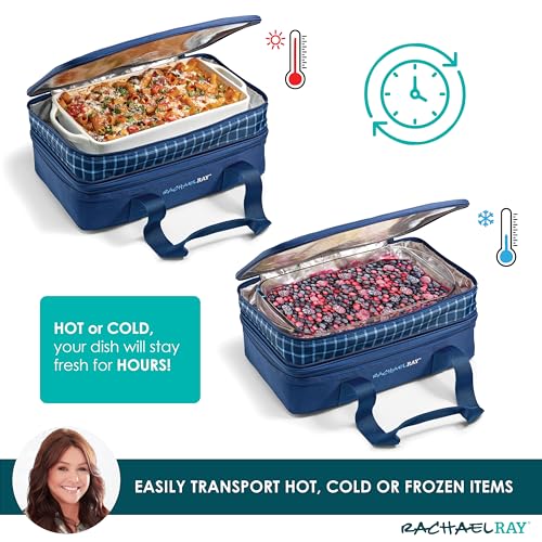 Rachael Ray Expandable Insulated Casserole Carrier for Hot or Cold Food, Thermal Lasagna Lugger Tote for Potluck, Parties, Picnic, and Cookouts, Fits 9" x 13" Baking Dish - color: Blue Gingham