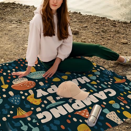Camping Mushroom Pocket Picnic Blankets, Camp Fall Mini Beach Camping Blanket Waterproof Sandproof, Rustic RV Outdoor Picnic Blanket Mat Gifts for Camper Campsite Travel Hiking 55x60in - color: Mushroom