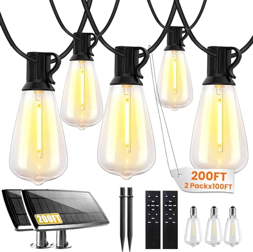 Bdrofn 200FT Solar String Lights Outdoor Waterproof, Solar Patio Lights with Remote Control & 60+2 Dimmable ST38 Edison Bulbs Shatterproof,Solar Powered String Lights for Outside Garden Backyard - size: 200FT