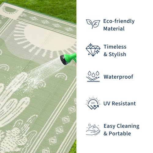 Garvee Waterproof Outdoor Rug 5x8, Cactus Botanical Outdoor Plastic Straw Rug for Camping, Reversible RV Mat Outside, Indoor Outdoor Carpet for Porch, Deck, Backyard, Balcony, Picnic, Sage Green - color: Sage Green & Beige, size: 5' x 8' (Rectangular)