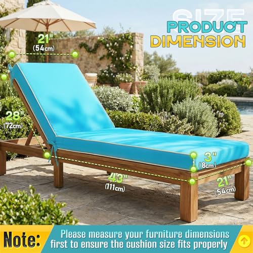Outdoor Chaise Lounge Cushions 2 Pack, Patio Lounge Chair Pads with Removable Washable Cover, Quick Dry Foam Cushions for Pool, Lawn, Deck(2, Teal Blue（72X21X3in）) - color: Teal Blue（72x21x3in）