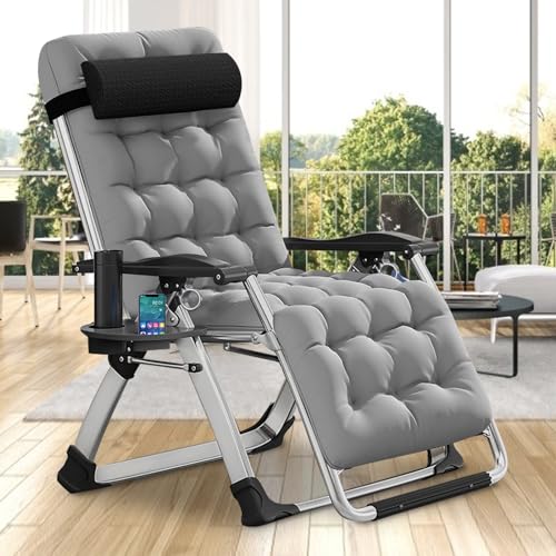 DoCred Comfy Chair, Folding Chair Recliner Chair for Bedroom and Living Room, Folding Reclining Patio Chairs Lounge Chair with Removable Cushion for Indoor Outdoor - color: Stone Grey