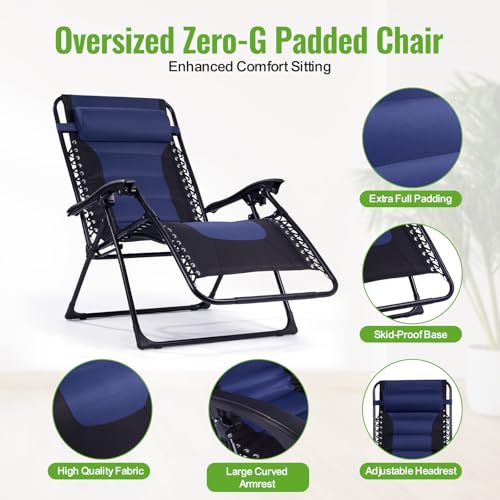 Backyard Expressions Deluxe XL Padded Recliner Zero Gravity Chair – Ergonomic Anti-Gravity Lounger with Folding Design, Side Tray, and Adjustable Headrest - color: Black/Blue