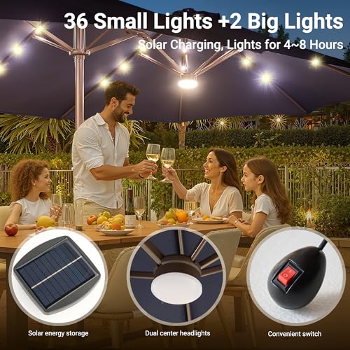 HOOOWOOO Outdoor Patio Umbrella With Solar Light,15 Ft Large Beach Umbrella,UV Protection Picnic Market Parasol Sunshade W Base Crank Handle For Backyard Deck Pool Shade - color: Blue