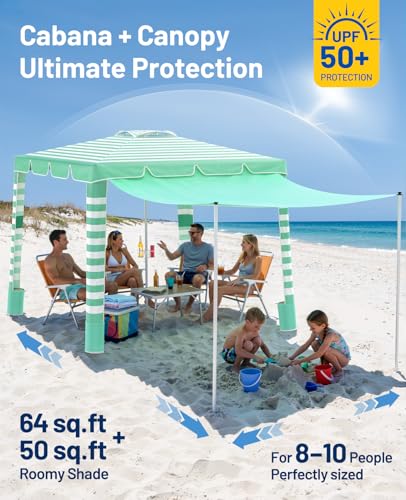 Rhino Valley Beach Cabana, 120 Sq. Ft Beach Canopy UPF50+ Protection, Easy Setup & Adjustable Height Beach Tent Sun Shelter with Cup Holder, Portable for 4-8 People, Light Green & White Stripes - color: Light Green & White Stripes