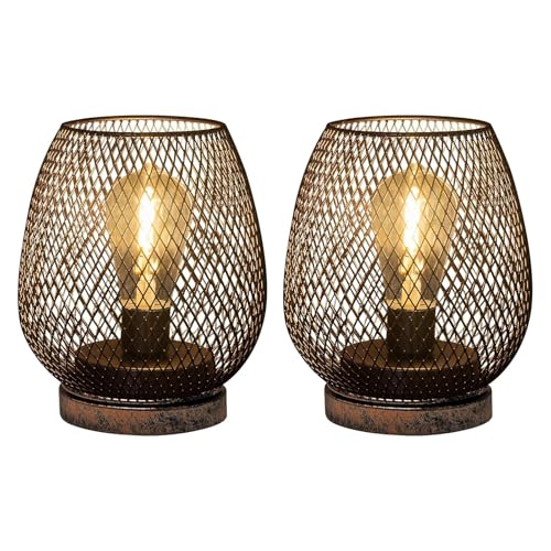 2 Pack Battery Operated Lamp Outdoor Table Lantern,Metal Cage Cordless Lamps with LED Bulb for Weddings Parties Patio Events Indoor Outdoor Patio Bedroom Living Room(Bronze)