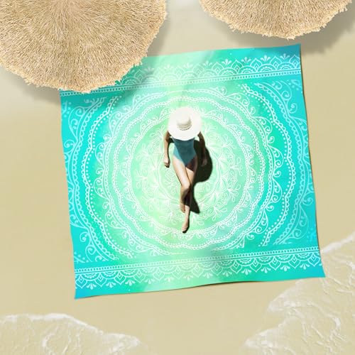 Sunlit Silky Soft Sand Proof Beach Blanket 106"x81" / 85"x72" Sand Proof Mat with Corner Pockets and Mesh Bag for Beach Party, Travel, Camping and Outdoor Music Festival, Mandala - color: Turquoise, size: 120"x108"