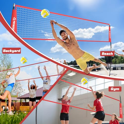 Volleyball Badminton Net Set Combo, 14FT Portable Net System with 5.1FT–8FT Adjustable Height, Backyard Outdoor Game Set with 4 Aluminum Rackets, 3 Shuttlecocks for Lawn Beach Indoor Outdoor Play