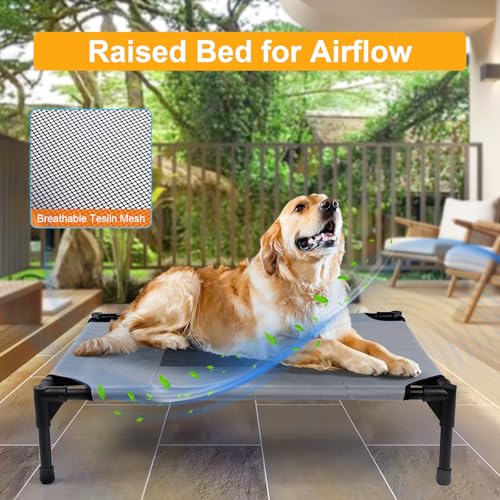 Outdoor Dog Elevated Bed for Large Dogs with Plush Mat, Durable Washable Raised Dog Beds, Indestructible Cooling Dogs Beds, Chew Proof Pet Cot Hammock for Large Breathable Outside (L) - size: Large