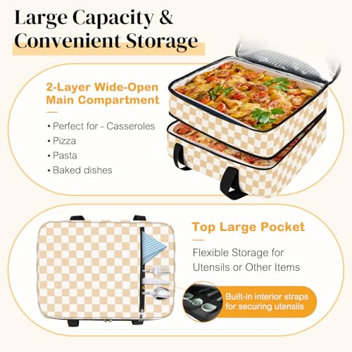 Coobiiya Insulated Casserole Carrier,Lasagna Lugger Tote Keeps Food Hot or Cold,Thermal Lunch Bag Warmer & Cooler Carrier Bag,Portable Tote Bag Fits 9" x 13" Baking Dish for Picnic and Cookout - color: Beige Grid, size: Double Layer: 15.75 × 11.8 × 7.87 i