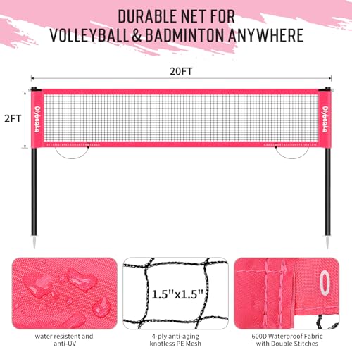 20ft Outdoor Volleyball & Badminton Combo Net Set for Backyard Beach with Adjustable Poles, Durable Anti-Sag Net, PU Volleyball, 2 Aluminum Rackets - color: Pink