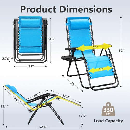 Zero Gravity Chairs Set of 2, Adjustable Lounge Chair Outdoor Recliner, Folding Reclining Lawn Chair, Anti Gravity Chair with Pillow & Cup Holder for Pool Camping Sunbathing Beach Patio (Sky Blue) - color: Sky Blue, size: 2pcs