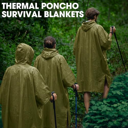 Tellegloww Emergency Ponchos with Polyester Film Blanket Liner Waterproof Windproof Thermal Survival Blanket Rain Ponchos - color: Green