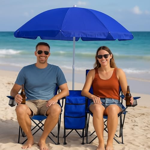 GoTEAM! Portable 2-Seat Folding Camp Chair with Cooler, Umbrella & Cup Holders – Outdoor Picnic, Beach, or Tailgate Seating – Carry Case Included - color: Blue