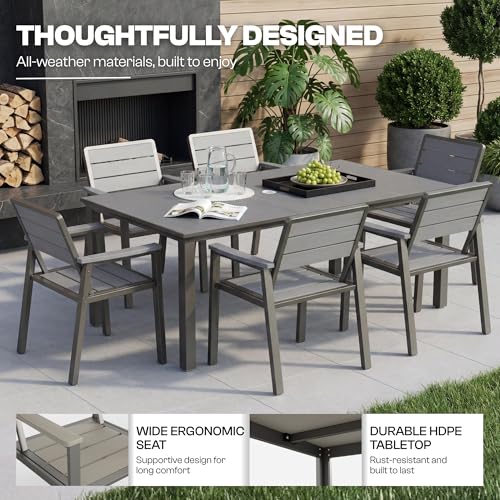 7 Piece Patio Dining Set for 6, Outdoor HDPE Table and Chairs with Umbrella Hole, All Weather Outdoor Furniture for Backyard, Deck, Lawn, Poolside, Grey - color: Grey