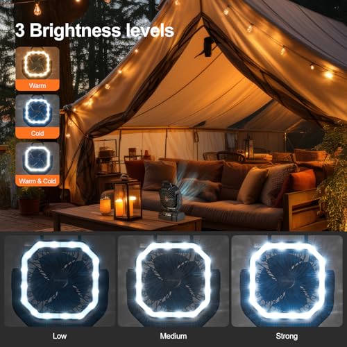 Odoland Portable Camping Fan with LED Lantern, 20000mAh Rechargeable Battery Powered Fan with Auto Oscillation, Timer, Remote, 360° Rotation Hook, 4 Speeds for Power Outage Travel Home, Black - color: Black