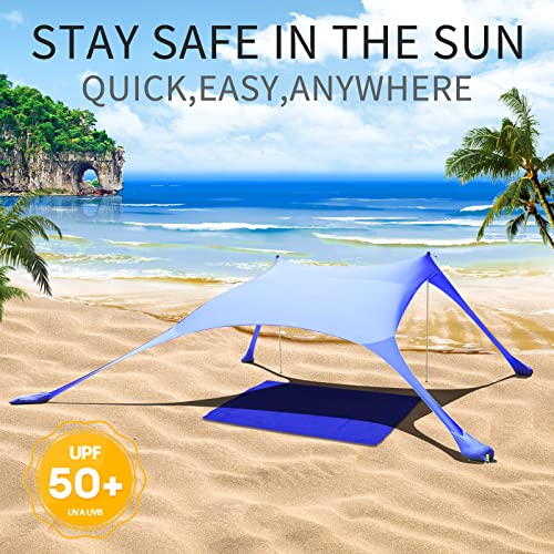 77 FT Beach Tent Sun Shelter UPF50+ UV Protection, Outdoor Canopy Tent Sun Shade with 2 Poles for Camping, Fishing, Backyard and Picnics with Sandproof Beach Blanket Royal Blue - color: Royal Blue
