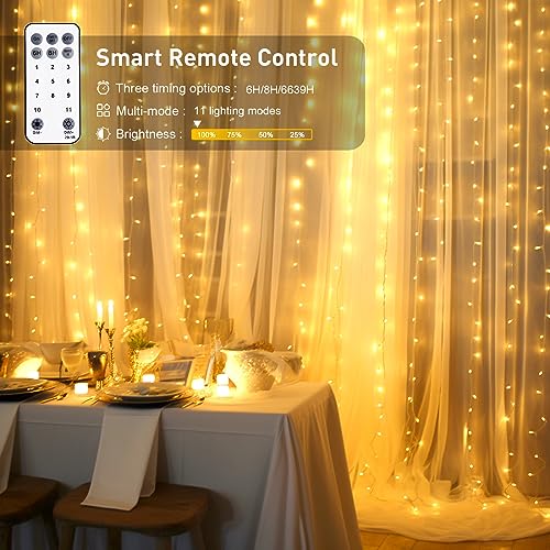 JMEXSUSS 300LED Dual Color Changing Curtain Lights with Remote, 9.8 x 9.8ft Connectable Plug in Christmas String Lights for Bedroom Backdrop Outdoor Decor, Warm White to Multicolor - color: Warm White to Multicolor, size: 300 LED