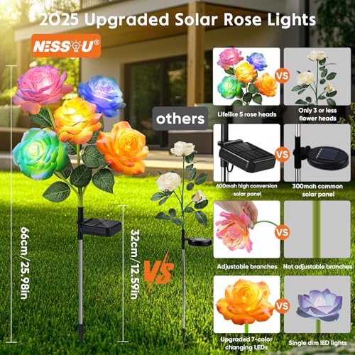 Solar Rose Lights Outdoor: 4 Pack IP65 Waterproof 7-Color Changing LED Flower Stakes for Garden Pathway Patio Lawn Decorative - Auto On Off 10H+ Lighting - size: 4 Pack