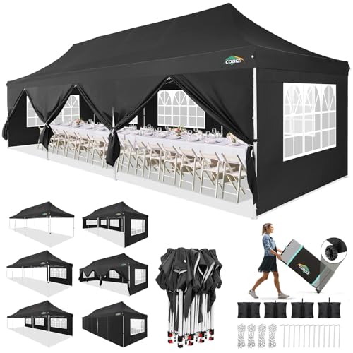 COBIZI 10x30 Pop up Canopy with Roller Bag & 8 Removable Sidewalls, Canopy Tent for Parties, Wedding, and Commercials, Waterproof and Instant Shelter UV50+ Outdoor Gazebo with 4 Sandbags(Pure Black) - color: Pure Black, size: 10x30FT