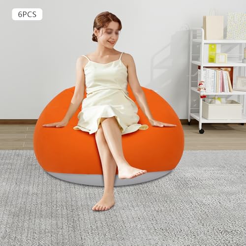 6 Pcs Inflatable Bean Bag 330 lbs Capacity Indoor Outdoor Portable Foldable Flocking Fabric Sofa Games Chairs w/Foot Air Pump for Living Room Bedroom (Orange) - color: Orange