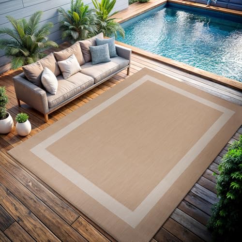 CAMILSON Outdoor Rug 8x10, Modern Outside Rugs for Patios Porches Waterproof Durable Washable Non-Shedding, Easy-to-Clean Indoor Outdoor Area Carpet (8 x 10, Bordered - Beige/White) - color: Bordered - Beige / White, size: 8' x 10' (Rectangular)