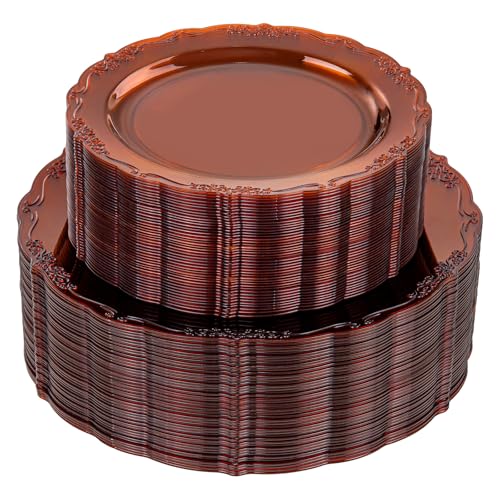U-QE 100PCS Amber Plastic Plates - Clear Brown Plastic Plates Disposable Heavy Duty - Disposable Plates for Party Including 50PCS 10'' Dinner & 50PCS 7.5'' Dessert Plate - color: Amber