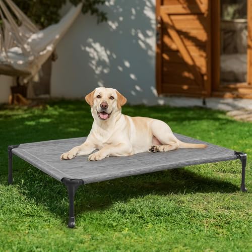 Veehoo Outdoor Elevated Dog Bed Large Sized Dogs, Large Cooling Raised Dog Cots Beds Training Platform Off Ground Hammock with Breathable Mesh, No-Slip Feet, 42"x30", Black Silver - color: Black Silver, size: 42.0"L x 30.0"W x 7.0"Th