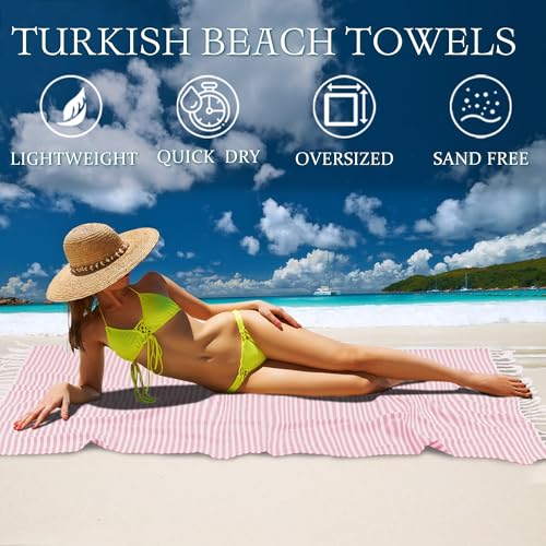 Turkish Striped Beach Towels Bulk Oversized 39"x71" Large Bath and Pool Set Quick Dry Lightweight Travel Towel for Adult,100% Cotton TEBT-18-1pink - color: Pink, size: 1 Pack