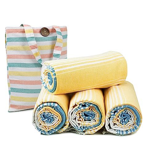 HILLFAIR Cotton Turkish Beach Towels, Quick Dry Lightweight Sand Free Peshtemal Towel for Bath Swim Yoga Travel, Beach Accessories, Oversized Cotton Turkish Towels (39 x 72 inch- 4 Pack Yellow Blue) - color: Yellow Blue, size: 39 x 72 inch ( Beach towel -