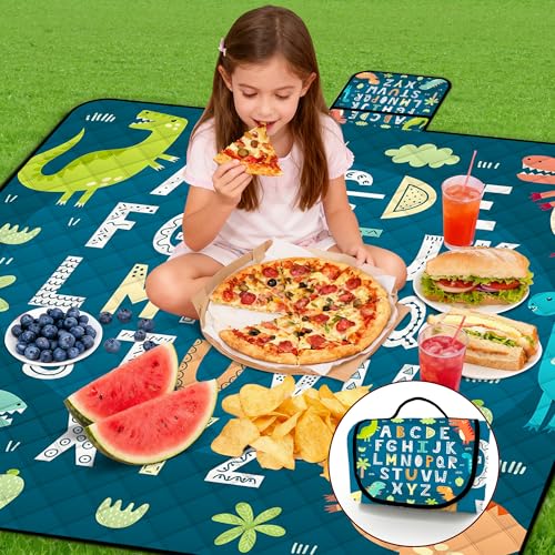 Extra Large Picnic Blanket Waterproof,80"x 80"Foldable Machine Washable Beach Blankets,Outdoor Blanket for 6-8 Adults,Picnic Mat Suitable for Indoor Crawling,Park Beach,Camping,Hiking,Travel( Blue) - color: Blue Abc Letters, size: 6'8" x 6'8" (Square)