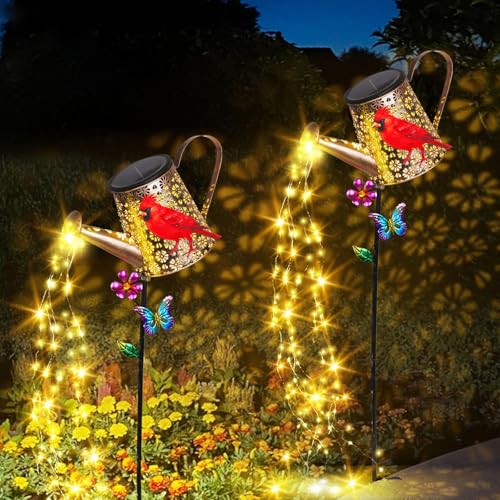 Solar Watering Can with Lights Outdoor Garden, 41in Large Red Cardinal Garden Stake Lights, Waterproof Decoration for Yard Lawn Pathway, Gifts for Mom Grandma Women Birthday Gardening Gift - color: Cardinal-Red