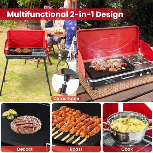 HAPPYGRILL Portable Camping Stove, 2-Burner Propane Grill Cooker with Removable Leg Stand, Roast Grill, Dual Control Knobs, Wind Guards, Outdoor Gas Grill for Camping BBQ Picnic, Red - color: Red