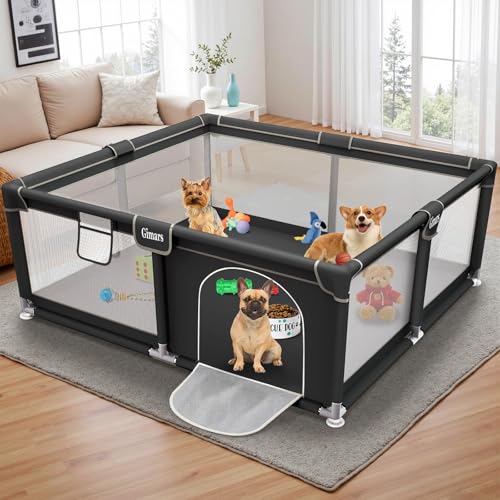 50x50x26 Inches Puppy Playpen with Gate, Dog Playpen for Puppies or Small Dogs, Sturdy Safety Dog Fence Pet Playpen with Thickened Fabric, High-Strength Nylon Wire Mesh for Indoor & Outdoor,Washable - color: Grey-Large