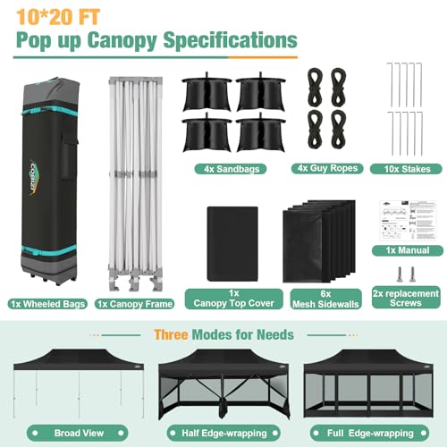 COBIZI 10x20 Canopy Tent, Heavy Duty Pop up Canopy with Sidewalls, Waterproof Easy Setup Canopy with Mosquito Netting, Outdoor Instant Screen Tents for Parties, Wedding with Roller Bag, Black - color: Black, size: 10x20FT